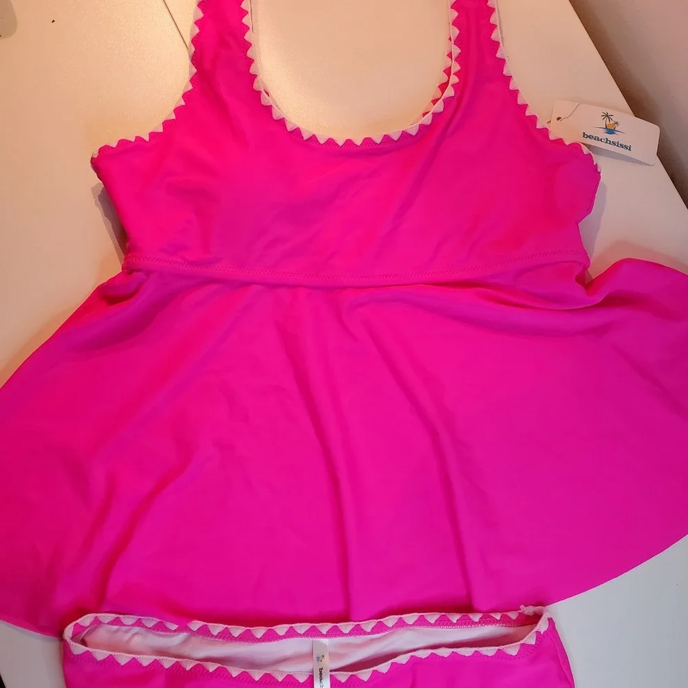 Hot Pink Ric Rac Trim Peplum Tankini Swimsuit Set Medium NWT